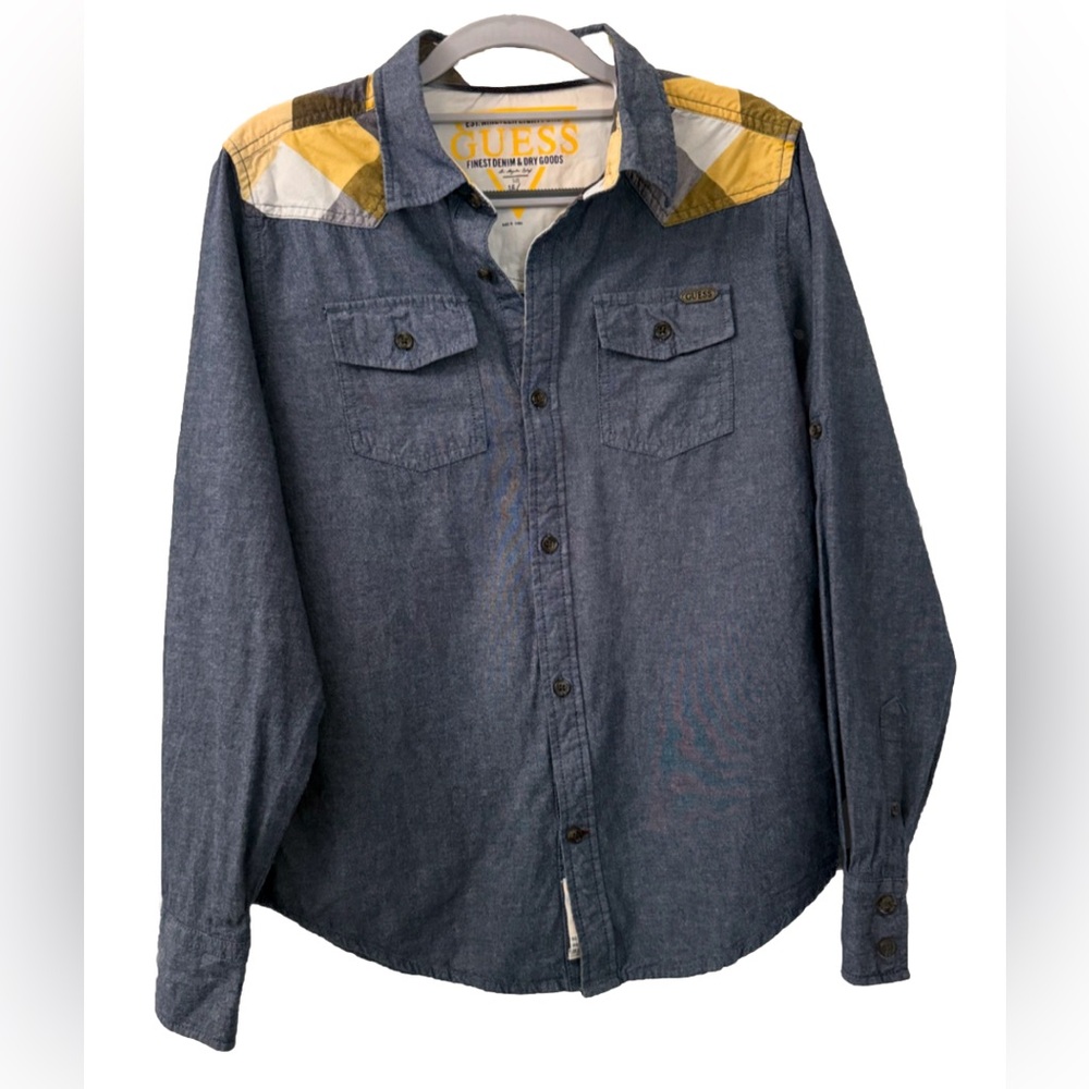 GUESS Boys Chambray Button Down Shirt Blue Size L 16/18